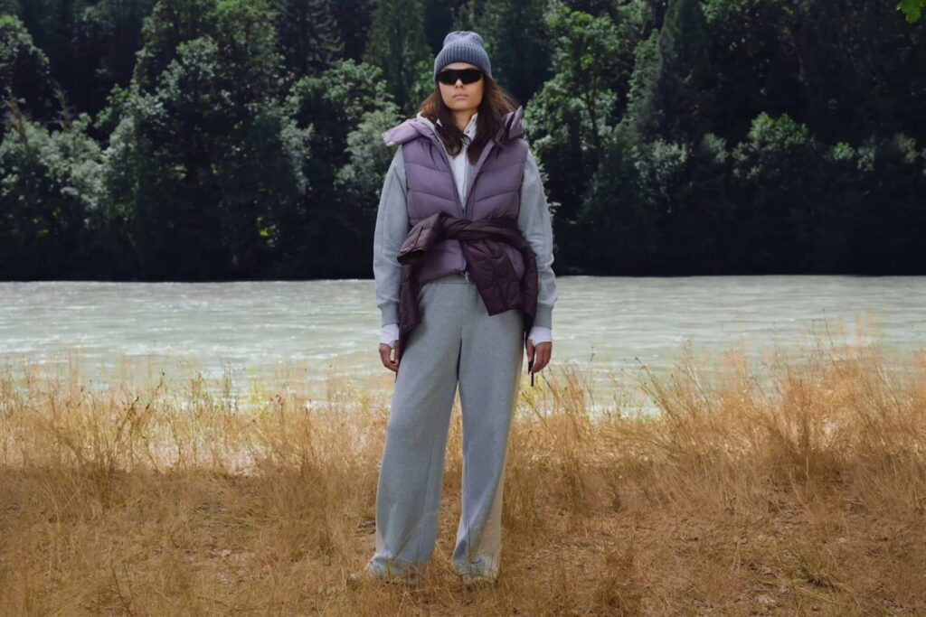 Athleta athleisure outfit with a puffer vest, hoodie and sweatpants